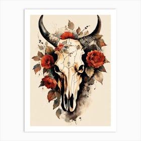 Vintage Boho Bull Skull Flowers Painting (66) Art Print