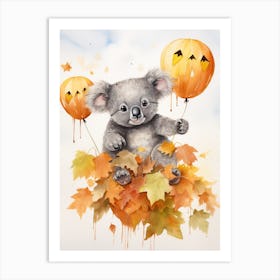 Koala Flying With Autumn Fall Pumpkins And Balloons Watercolour Nursery 4 Art Print