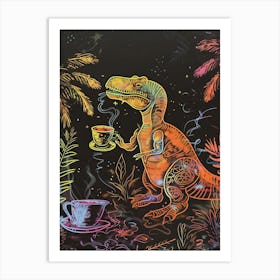 Neon Yellow Dinosaur Drinking Tea Art Print