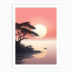 An Illustration In Pink Tones Of A Boat And Trees Overlooking The Ocean 1 Art Print