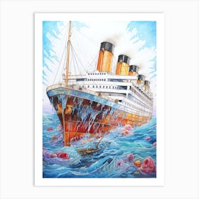 Titanic Sinking Ship Colour Illustration 1 Art Print