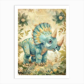 Cute Pattern Triceratops In The Meadow Watercolour Painting 1 Art Print