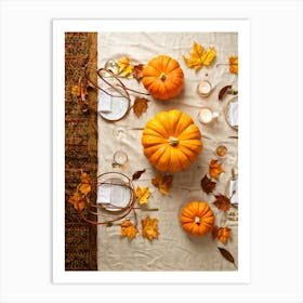 Autumn Themed Dinner Table Centerpiece Of Intertwined Golden Orange Pumpkin Vines Scattered Leaves (5) Art Print