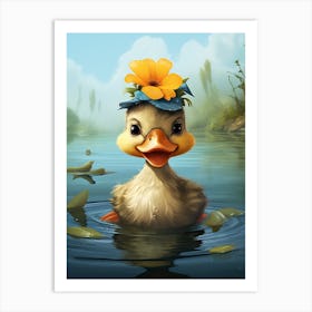 Cute Cartoon Duckling Swimming In The Pond 1 Art Print