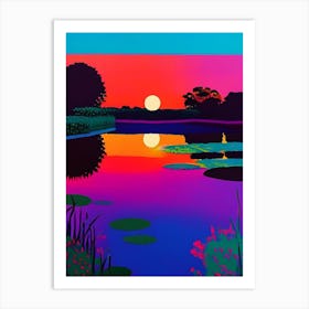 Sunset Over Pond Waterscape Colourful Pop Art 1 Art Print