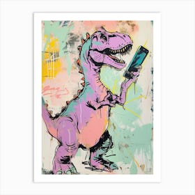 Dinosaur On A Smart Phone Pink Lilac Graffiti Style 2 Art Print