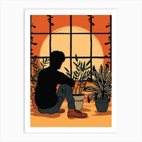 Silhouette Of A Man Sitting By A Window Art Print