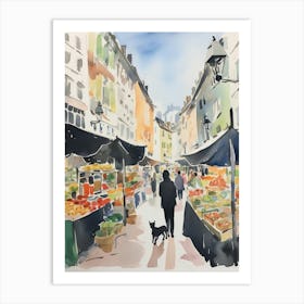 Food Market With Cats In Lyon 3 Watercolour Art Print