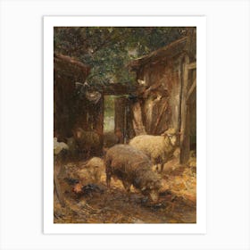 Vintage Painting Sheep In A Barn Art Print