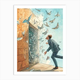 Man Running Away From Birds Art Print