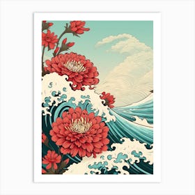 Great Wave With Zinnia Flower Drawing In The Style Of Ukiyo E 4 Art Print