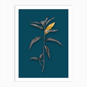 Vintage Dayflower Black and White Gold Leaf Floral Art on Teal Blue n.0412 Art Print