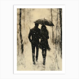 Couple Walking In The Snow, Romantic Monochrome Charcoal style Affiche