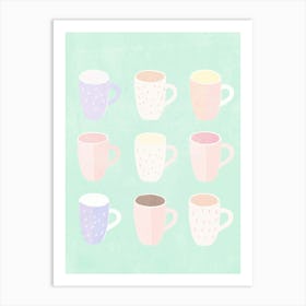 Kaffeeliebe im Pastell, Kaffeetassen in sanften Farb Tönen Art Print