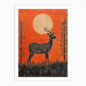 Deer, Woodblock Animal  Drawing 4 Art Print