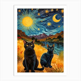 Starry Night With Cats Art Print