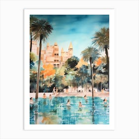 Swimming In Barcelona Spain 2 Watercolour Art Print