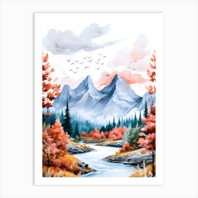 Celestial Sojourn Birds In Flight Amidst Mountain Majesty Art Print