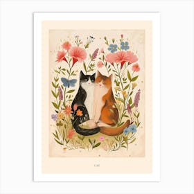 Folksy Floral Animal Drawing Cat 10 Poster Art Print