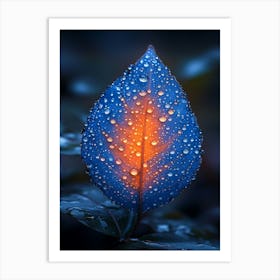 Blue Leaf With Raindrops Art Print