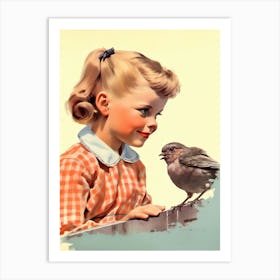 Vintage Retro Kids With Bird Illustration Kitsch 2 Art Print