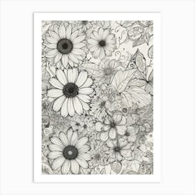 Sunflowers In Black And White Art Print