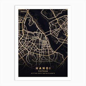 Hanoi Vietnam Black And Gold Map Art Print