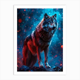 Full Body Wolf Radiating Energy Surrounded By Blue And Red Sparks Illuminating Rain Decorations Em Art Print