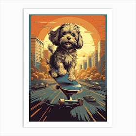 Havanese Dog Skateboarding Illustration 2 Art Print