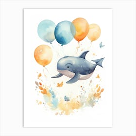 Whale Flying With Autumn Fall Pumpkins And Balloons Watercolour Nursery 1 Art Print