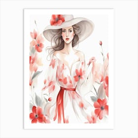 Beautiful Woman In White Dress With Red Flowers Art Print