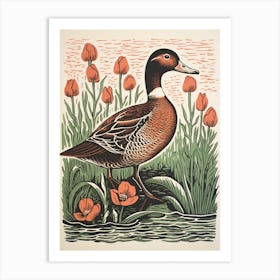 Vintage Bird Linocut Duck 1 Art Print