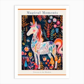 Floral Folky Unicorn In The Meadow 1 Poster Art Print