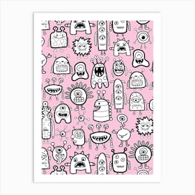 Happy Funky Monsters and Aliens Black and White on Light Pink Kids Art Print