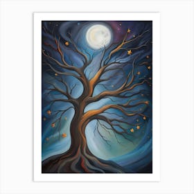 Tree Branches Mystical Moon Expressionist Oil Painting Acrylic Painting Abstract Nature Moonlight Night Scenery Art Print