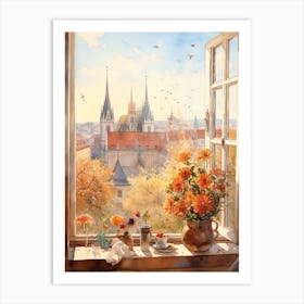 Window View Of Bratislava Slovakia In Autumn Fall, Watercolour 1 Art Print