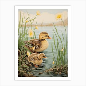 Ducklings In The Flowers Japanese Woodblock Style 3 Art Print