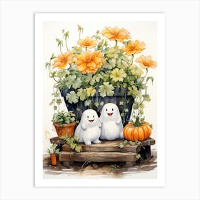 Cute Bedsheet Ghost, Botanical Halloween Watercolour 42 Art Print