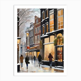 Amsterdam cafes, winter season, Christmas, autumn oil colors, pale colors, pedestrians in the street, winter clothes, falling snow.2 1 Art Print