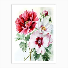 Botanical Watercolor Paint A Watercolor Piece Showcasing A Variety Of Blooming Flowers In Red And (1) Art Print