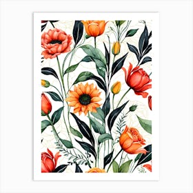 Seamless Pattern With Orange Flowers 2 Art Print