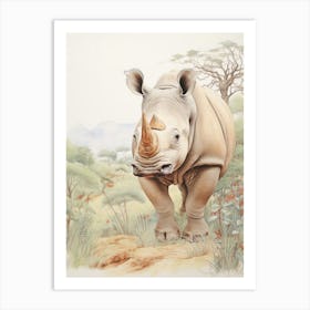 Rhino Walking Through Nature Vintage Illustration 4 Art Print