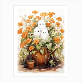 Cute Bedsheet Ghost, Botanical Halloween Watercolour 102 Art Print