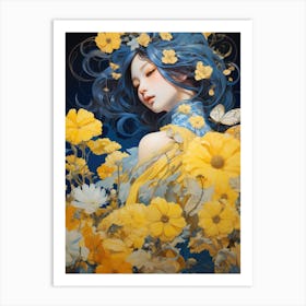 Girl With Blue Hair And Yellow Flowers Art Print