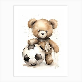 Football Soccer Ball Teddy Bear Painting Watercolour 6 Art Print