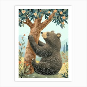 Sloth Bear Scratching Its Back Against A Tree Storybook Illustration 1 Art Print