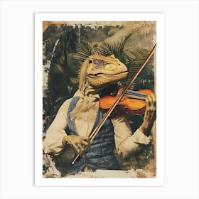 Dinosaur Playing Violin Retro Collage 2 Art Print