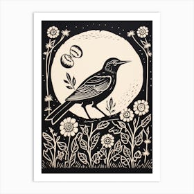 B&W Bird Linocut Mockingbird 1 Art Print