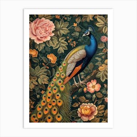 Navy Blue Vintage Floral Peacock 1 Art Print