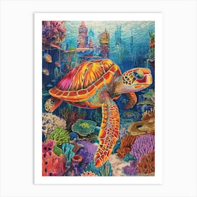 Sea Turtle In A Rainbow Underwater World Pencil Drawing Art Print